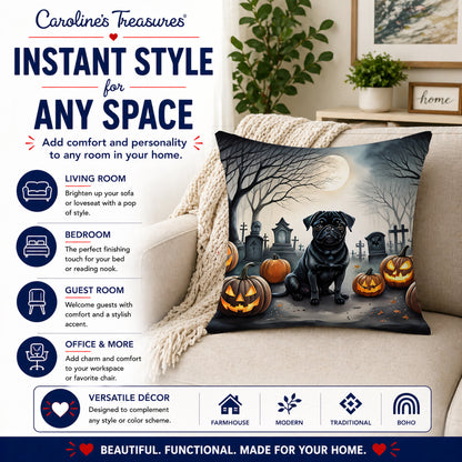 Caroline's Treasures DAC2065PW1818 Black Pug Spooky Halloween Fabric Decorative Pillow Machine Washable, Indoor Outdoor Decorative Pillow for Couch, Bed or Patio, 18Hx18W