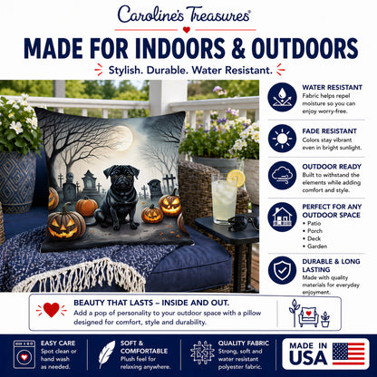 Caroline's Treasures DAC2065PW1818 Black Pug Spooky Halloween Fabric Decorative Pillow Machine Washable, Indoor Outdoor Decorative Pillow for Couch, Bed or Patio, 18Hx18W