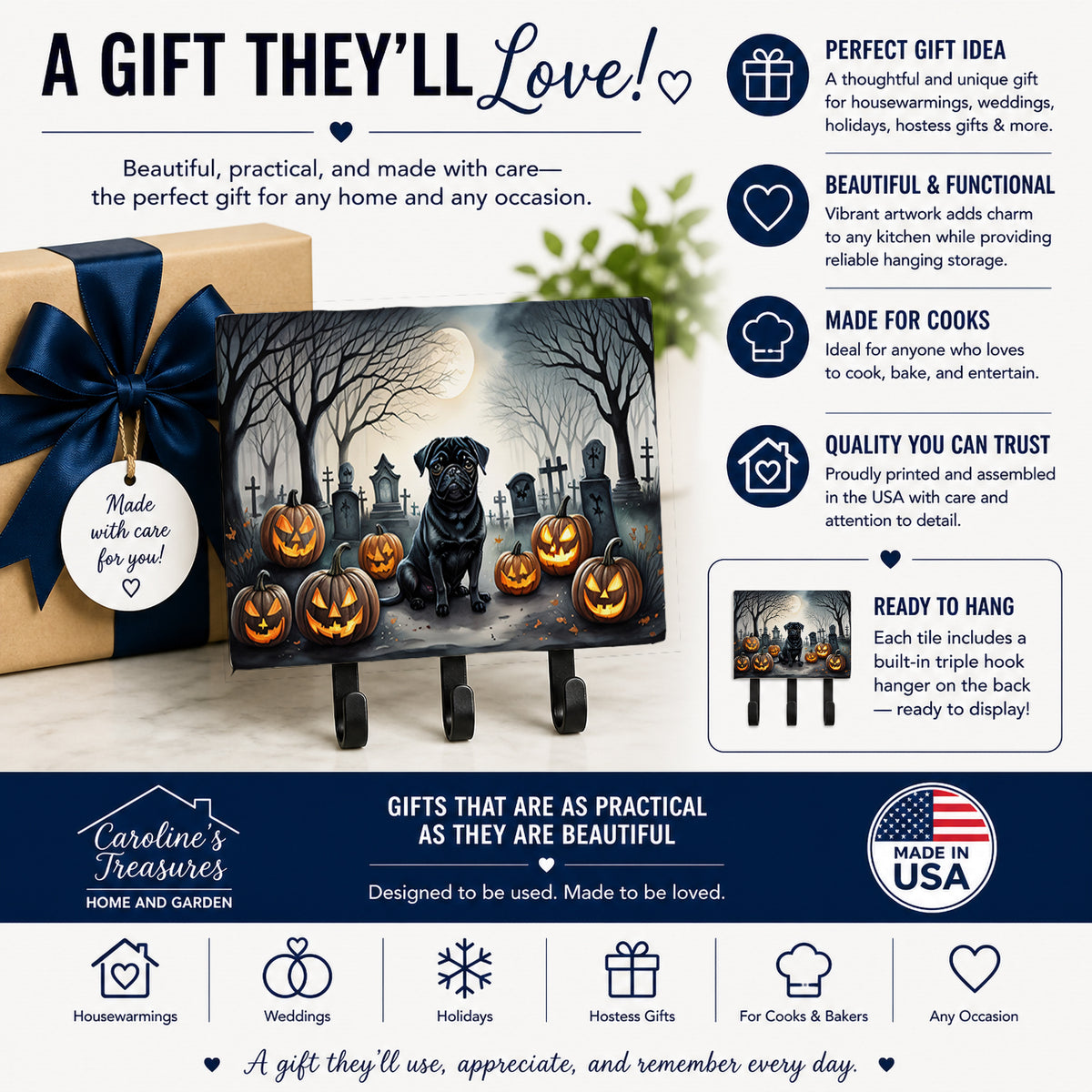Caroline's Treasures Pug Dogs Halloween Ceramic Triple Wall Hook