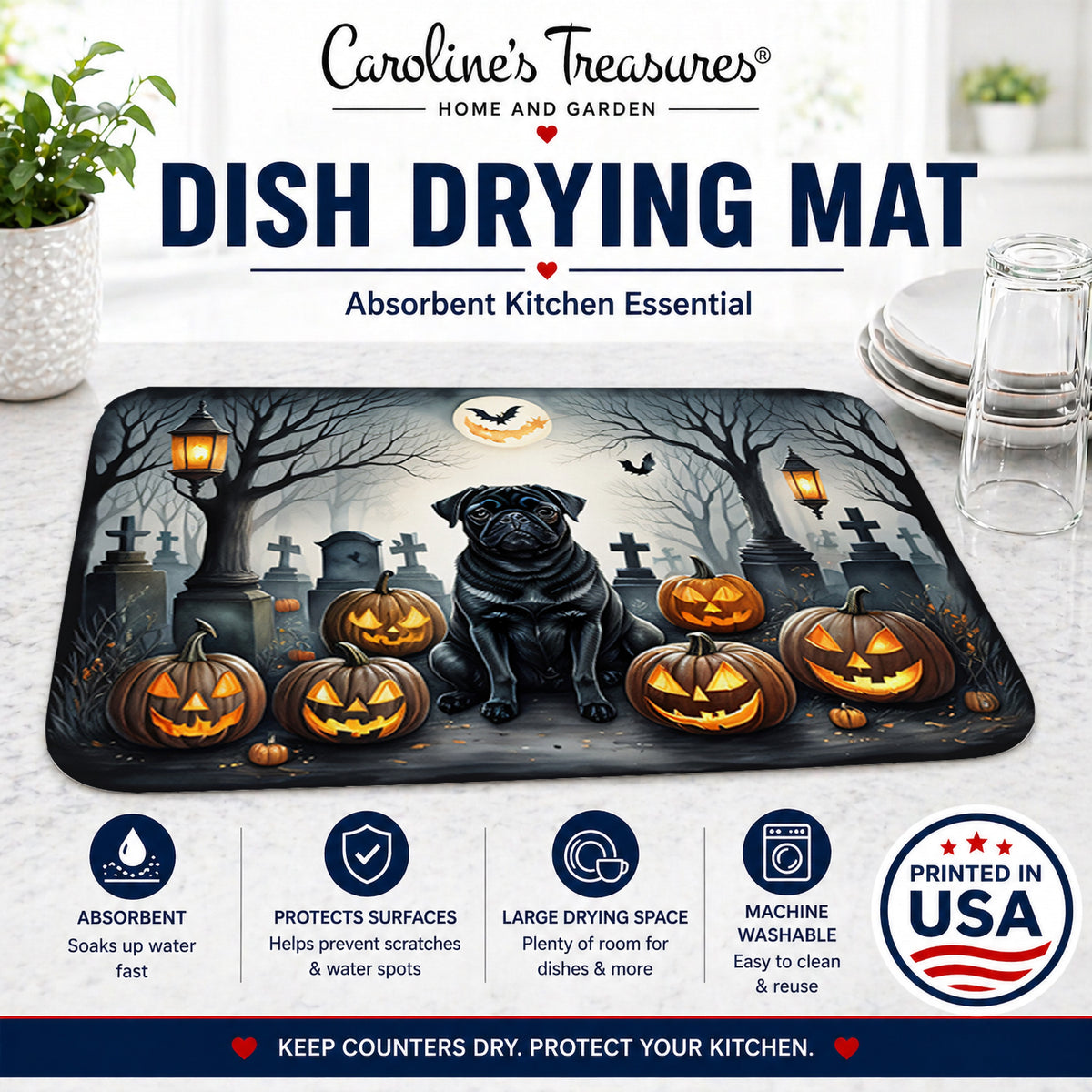 Caroline's Treasures DAC2066DDM Black Pug Spooky Halloween Dish Drying Mat Absorbent Dish Drying Mat Pad for Kitchen Counter Dish Drainer Mat for Countertop, 14 x 21, Multicolor