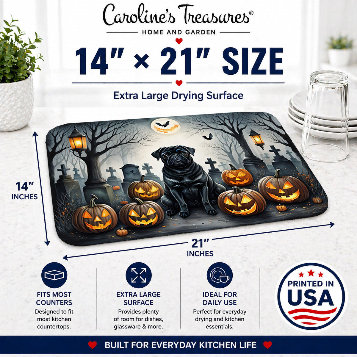 Caroline's Treasures DAC2066DDM Black Pug Spooky Halloween Dish Drying Mat Absorbent Dish Drying Mat Pad for Kitchen Counter Dish Drainer Mat for Countertop, 14 x 21, Multicolor