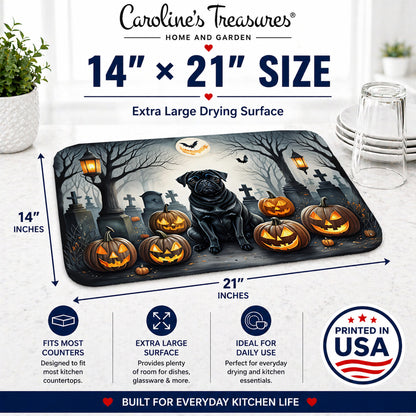 Caroline's Treasures DAC2066DDM Black Pug Spooky Halloween Dish Drying Mat Absorbent Dish Drying Mat Pad for Kitchen Counter Dish Drainer Mat for Countertop, 14 x 21, Multicolor