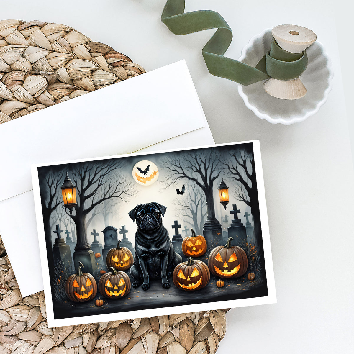 Caroline's Treasures DAC2066GCA7P Black Pug Spooky Halloween Greeting Cards and Envelopes Pack of 8 Blank Cards with Envelopes Whimsical A7 Size 5x7 Blank Greeting Cards