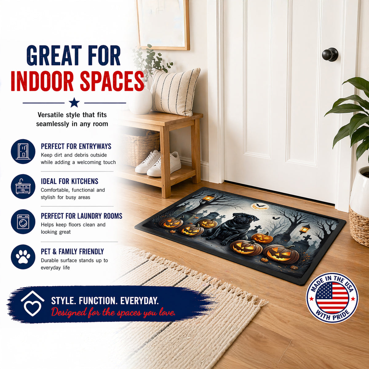 Caroline's Treasures DAC2066JMAT Black Pug Spooky Halloween Indoor or Outdoor Mat 24x36 Front Door Mat Indoor Outdoor Rugs for Entryway, Non Slip Washable Low Pile, 24H X 36W