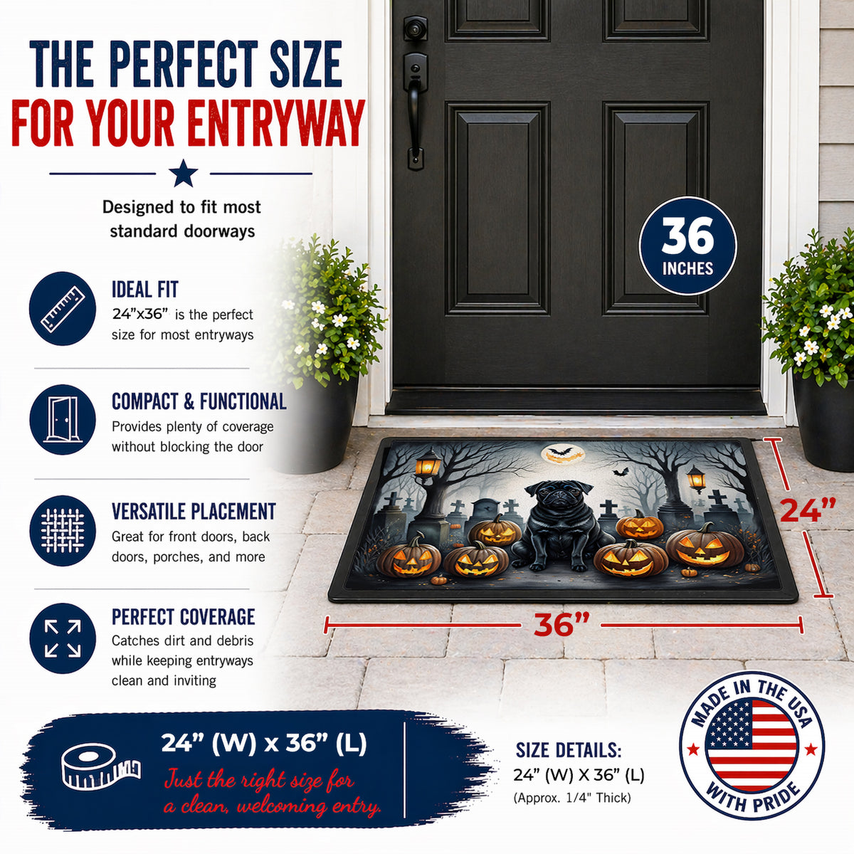 Caroline's Treasures DAC2066JMAT Black Pug Spooky Halloween Indoor or Outdoor Mat 24x36 Front Door Mat Indoor Outdoor Rugs for Entryway, Non Slip Washable Low Pile, 24H X 36W
