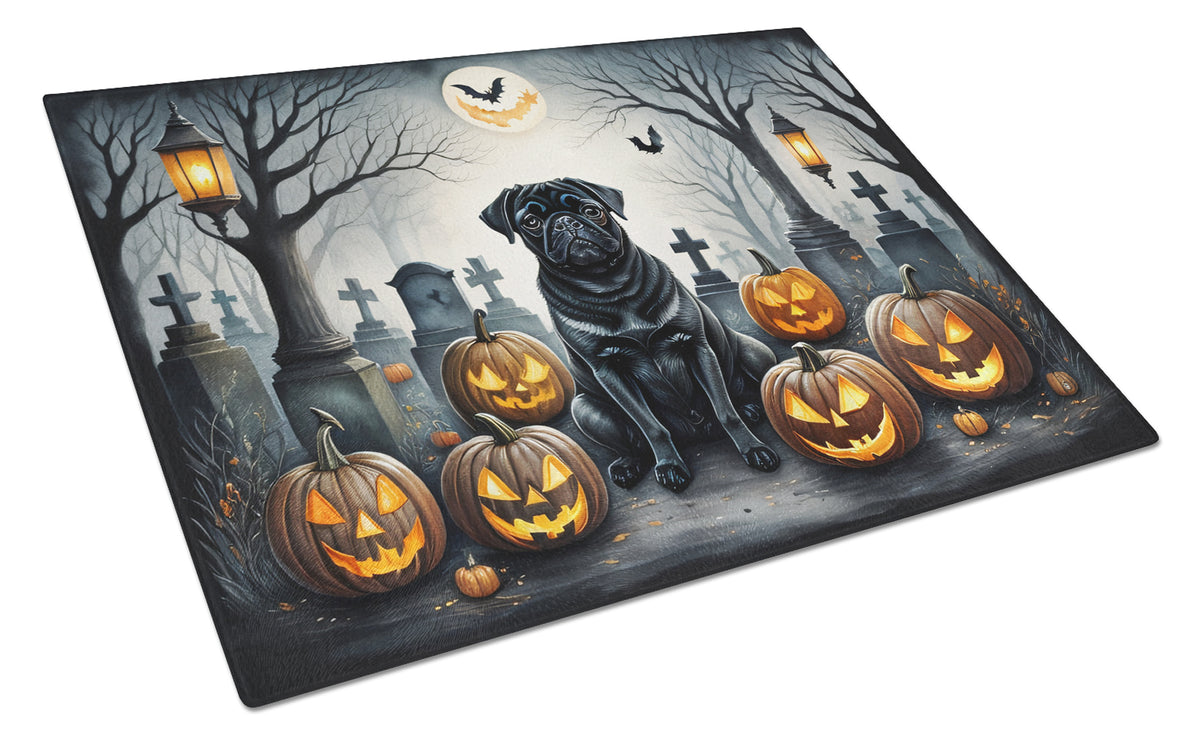 Caroline's Treasures DAC2066LCB Black Pug Spooky Halloween Glass Cutting Board Large Decorative Tempered Glass Kitchen Cutting and Serving Board Large Size Chopping Board