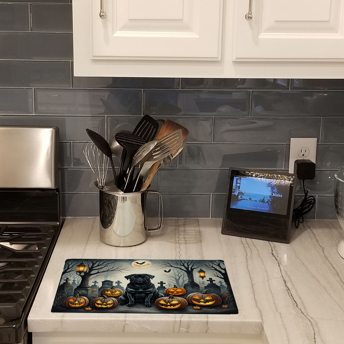 Caroline's Treasures DAC2066LCB Black Pug Spooky Halloween Glass Cutting Board Large Decorative Tempered Glass Kitchen Cutting and Serving Board Large Size Chopping Board