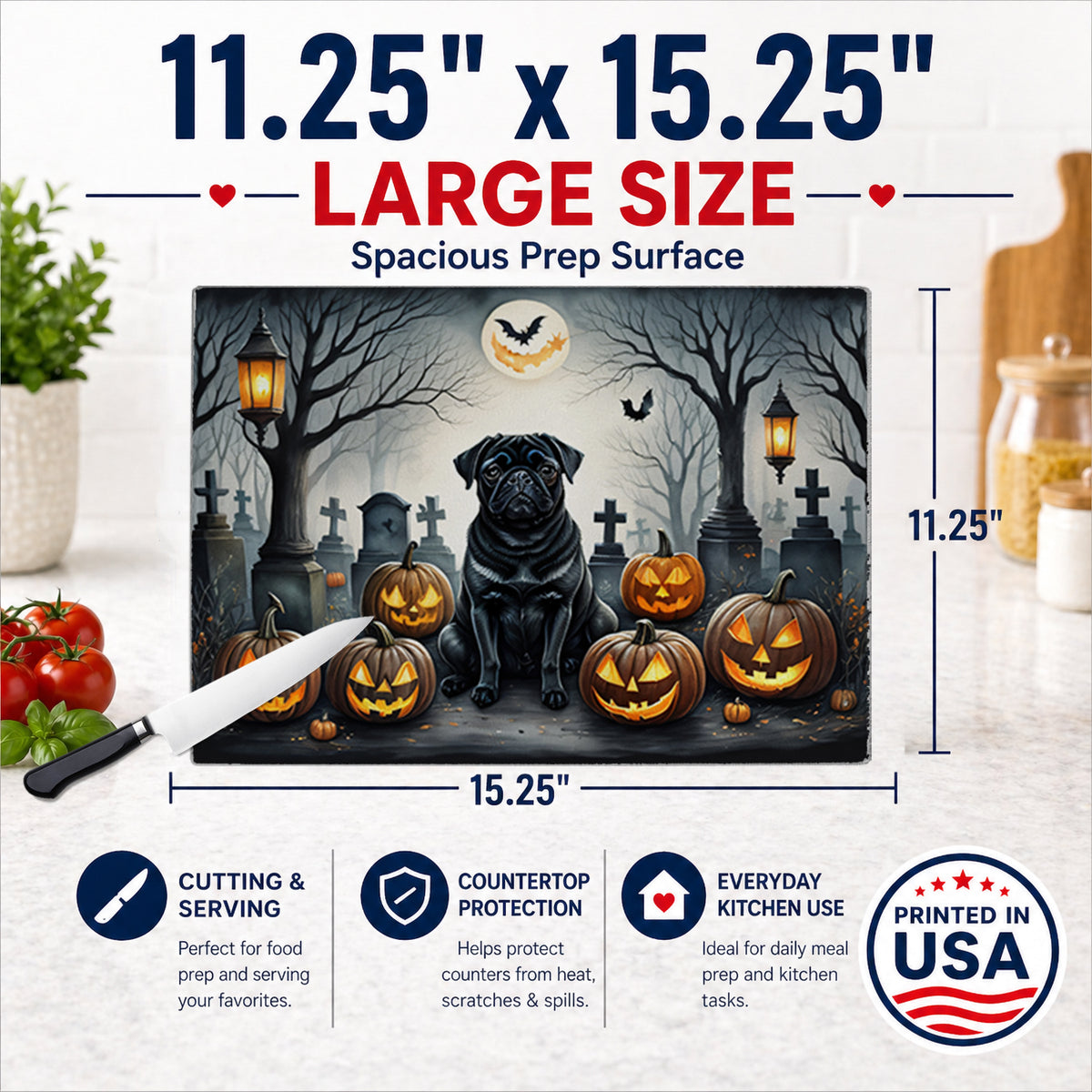 Caroline's Treasures DAC2066LCB Black Pug Spooky Halloween Glass Cutting Board Large Decorative Tempered Glass Kitchen Cutting and Serving Board Large Size Chopping Board
