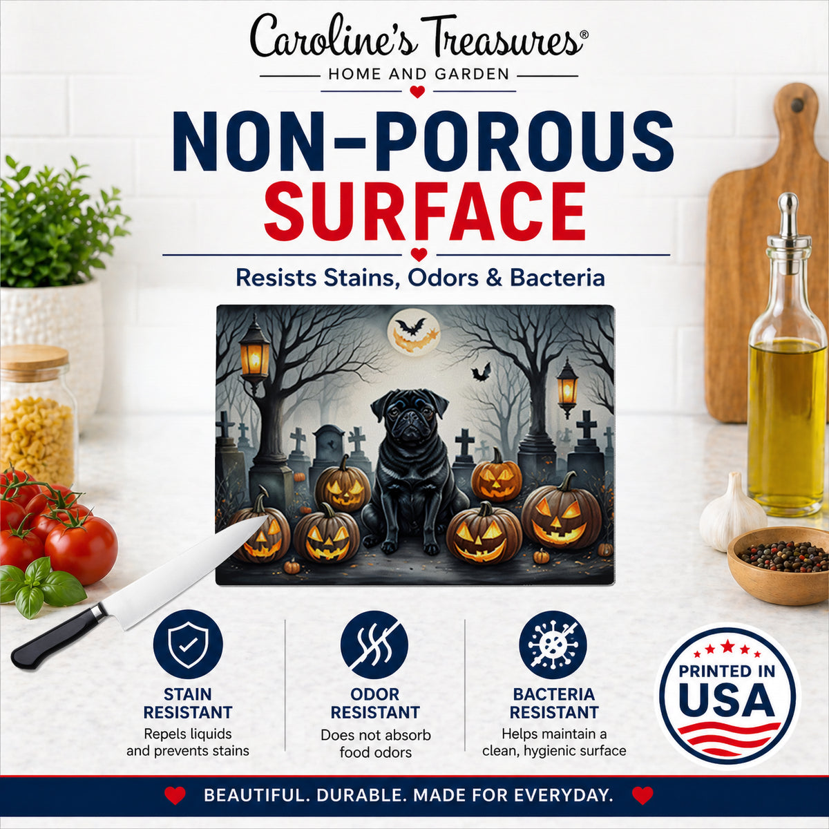 Caroline's Treasures DAC2066LCB Black Pug Spooky Halloween Glass Cutting Board Large Decorative Tempered Glass Kitchen Cutting and Serving Board Large Size Chopping Board