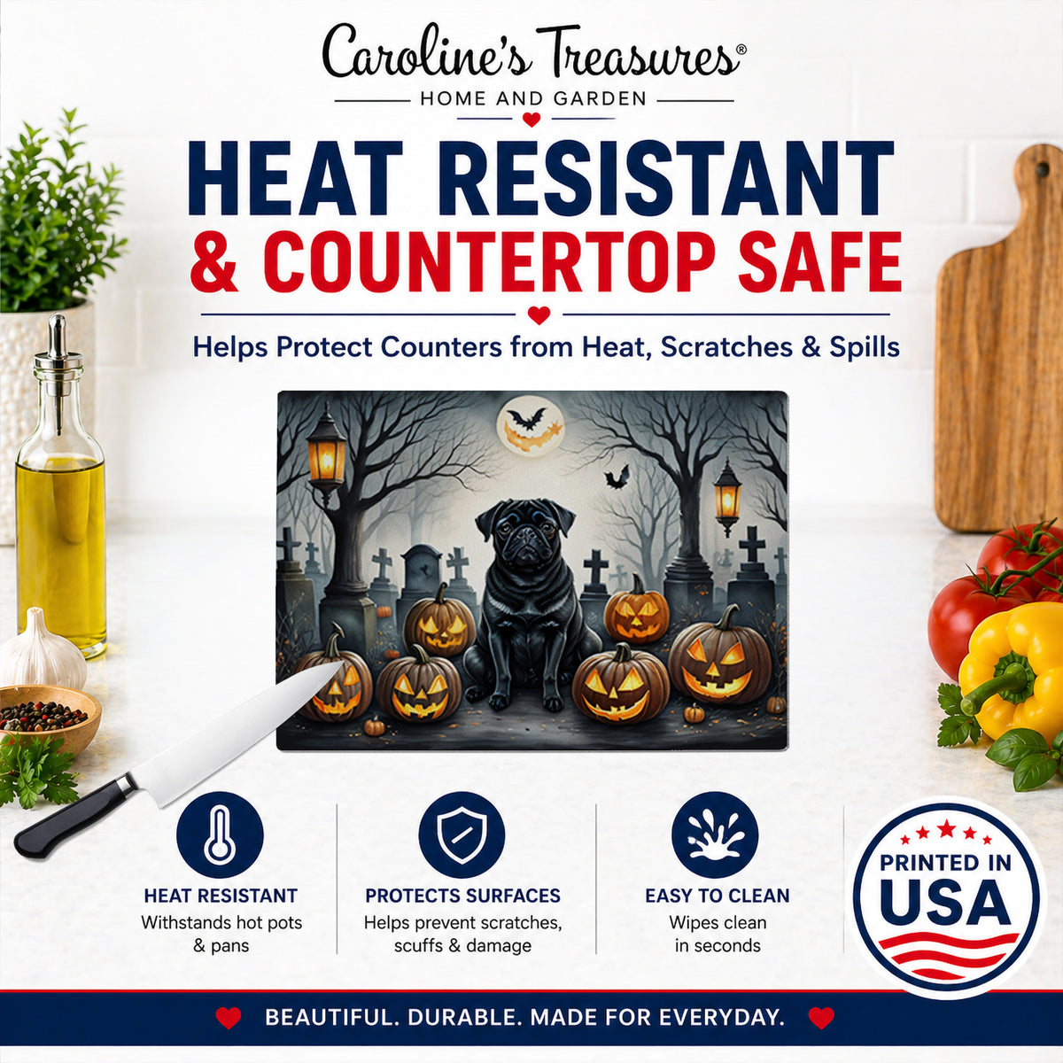 Caroline's Treasures DAC2066LCB Black Pug Spooky Halloween Glass Cutting Board Large Decorative Tempered Glass Kitchen Cutting and Serving Board Large Size Chopping Board