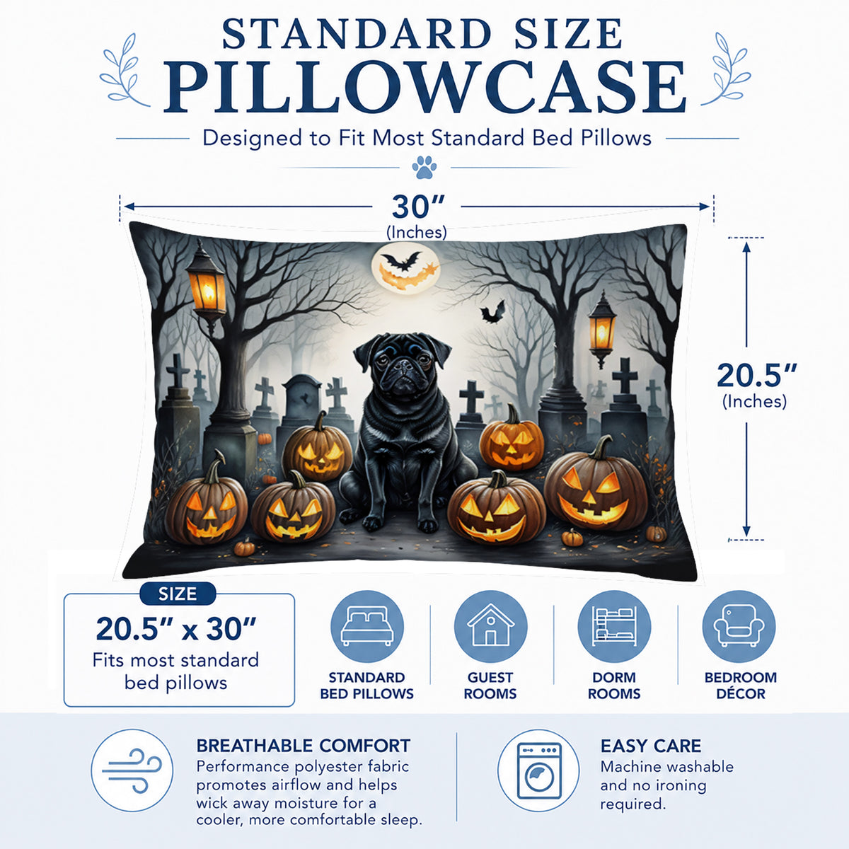 Caroline's Treasures DAC2066PILLOWCASE Black Pug Spooky Halloween Fabric Standard Pillowcase Lightweight Super Soft Easy Care Decorative Artwork Pillowcase, Standard