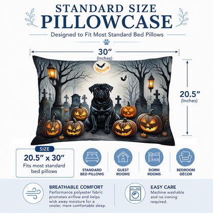 Caroline's Treasures DAC2066PILLOWCASE Black Pug Spooky Halloween Fabric Standard Pillowcase Lightweight Super Soft Easy Care Decorative Artwork Pillowcase, Standard