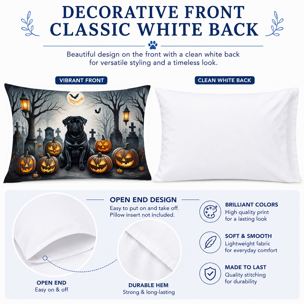 Caroline's Treasures DAC2066PILLOWCASE Black Pug Spooky Halloween Fabric Standard Pillowcase Lightweight Super Soft Easy Care Decorative Artwork Pillowcase, Standard