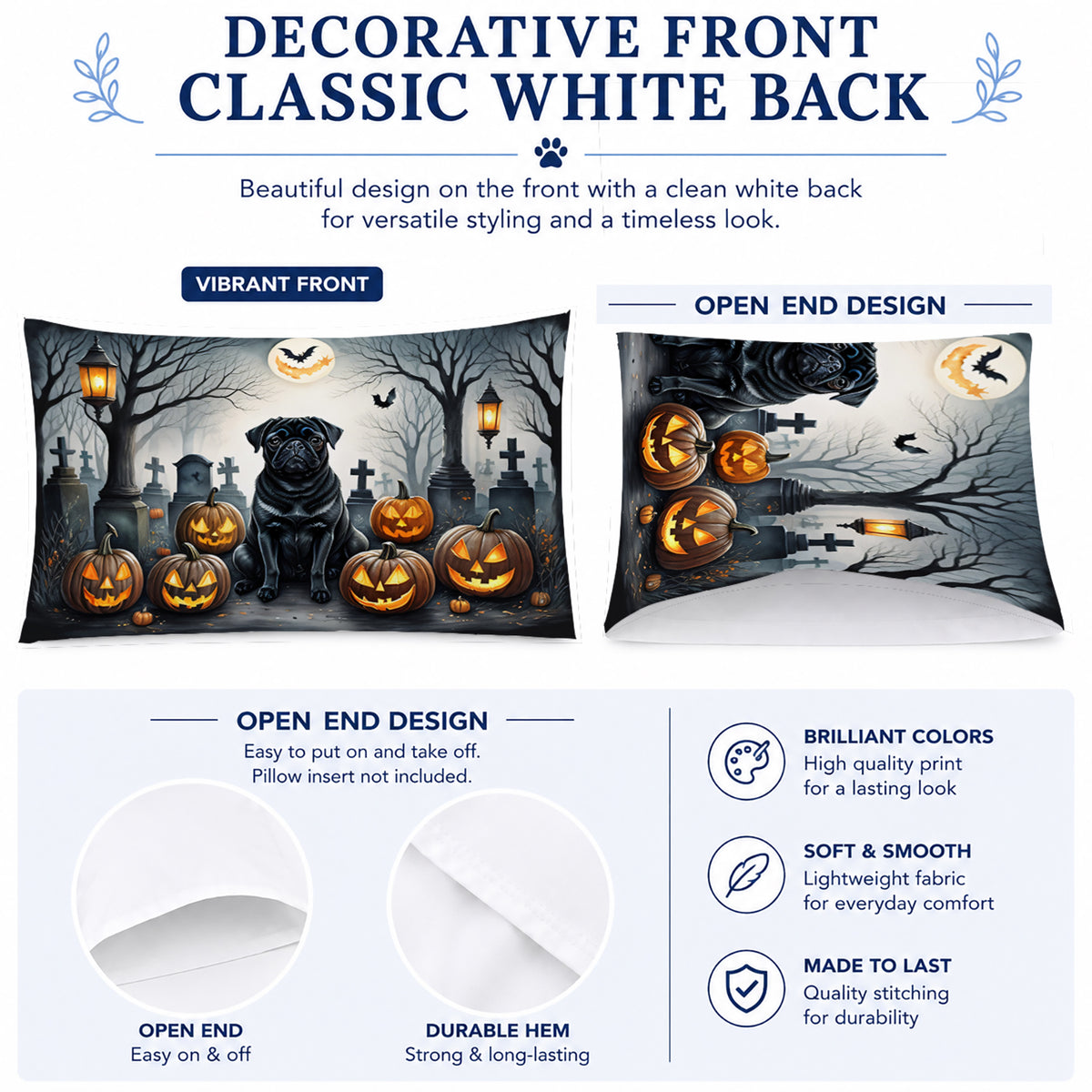 Caroline's Treasures DAC2066PILLOWCASE Black Pug Spooky Halloween Fabric Standard Pillowcase Lightweight Super Soft Easy Care Decorative Artwork Pillowcase, Standard