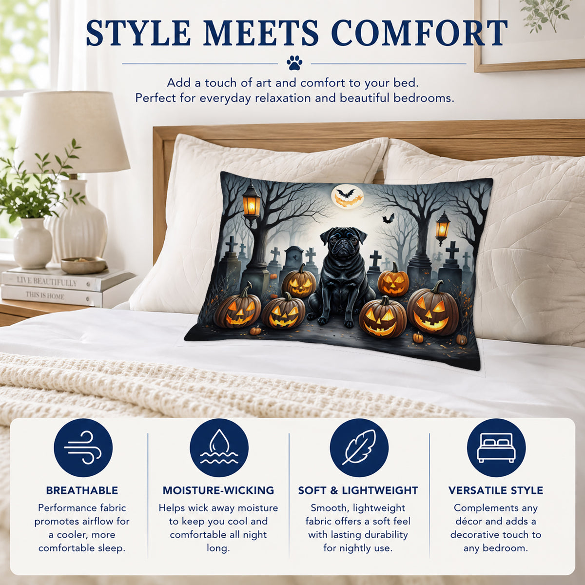 Caroline's Treasures DAC2066PILLOWCASE Black Pug Spooky Halloween Fabric Standard Pillowcase Lightweight Super Soft Easy Care Decorative Artwork Pillowcase, Standard