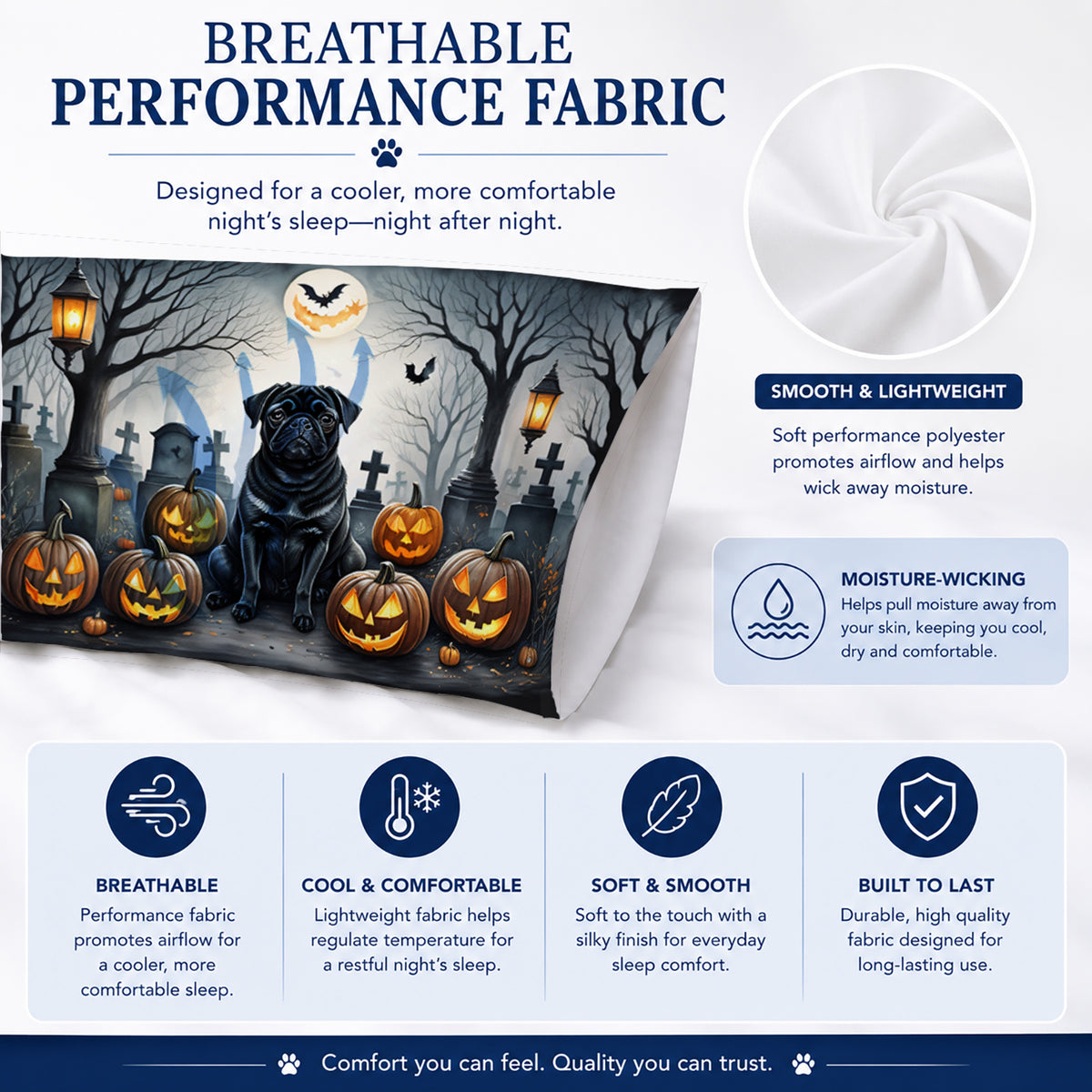 Caroline's Treasures DAC2066PILLOWCASE Black Pug Spooky Halloween Fabric Standard Pillowcase Lightweight Super Soft Easy Care Decorative Artwork Pillowcase, Standard