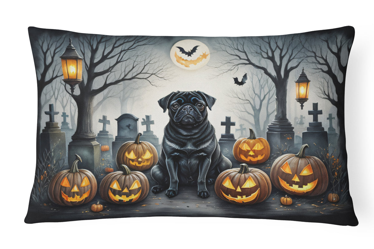 Caroline's Treasures DAC2066PW1216 Black Pug Spooky Halloween Fabric Decorative Pillow Machine Washable, Indoor Outdoor Decorative Pillow for Couch, Bed or Patio, 12HX16W