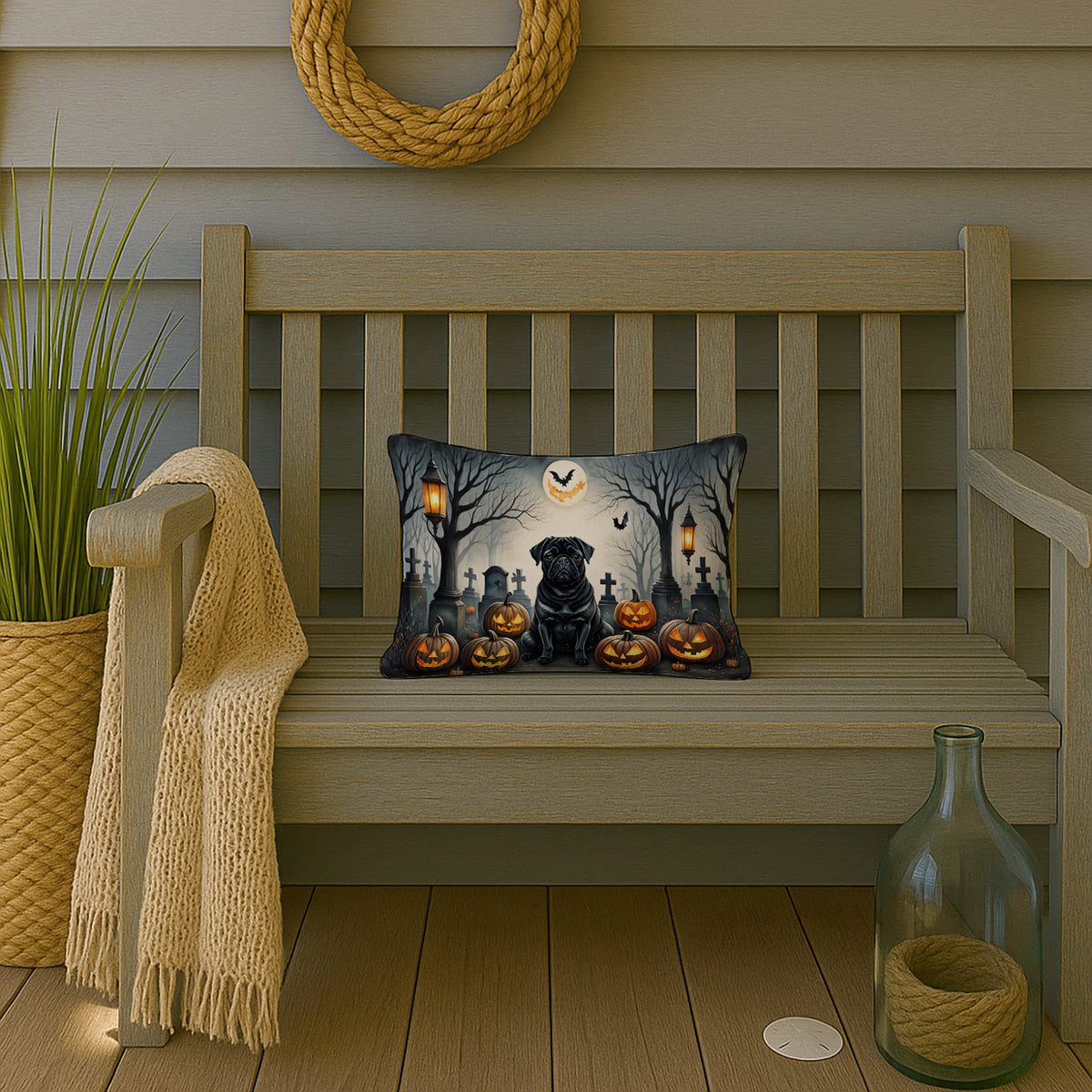 Caroline's Treasures DAC2066PW1216 Black Pug Spooky Halloween Fabric Decorative Pillow Machine Washable, Indoor Outdoor Decorative Pillow for Couch, Bed or Patio, 12HX16W