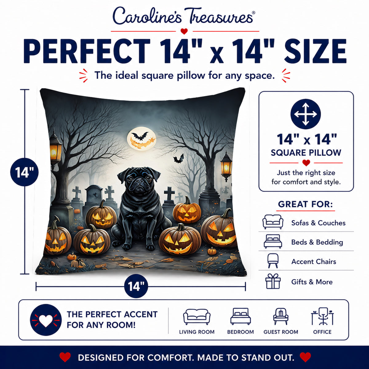 Caroline's Treasures DAC2066PW1414 Black Pug Spooky Halloween Fabric Decorative Pillow Machine Washable, Indoor Outdoor Decorative Pillow for Couch, Bed or Patio, 14Hx14W