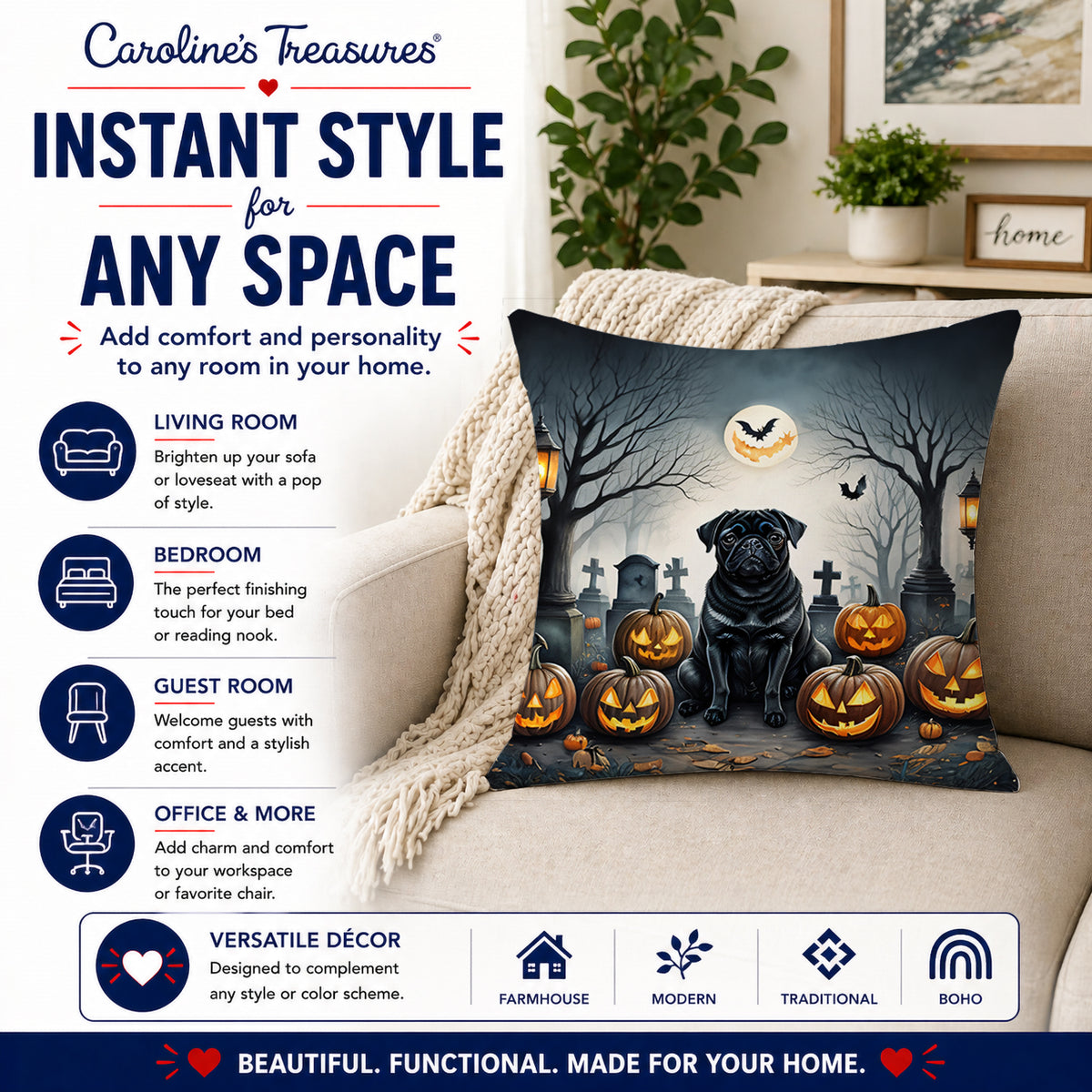 Caroline's Treasures DAC2066PW1414 Black Pug Spooky Halloween Fabric Decorative Pillow Machine Washable, Indoor Outdoor Decorative Pillow for Couch, Bed or Patio, 14Hx14W