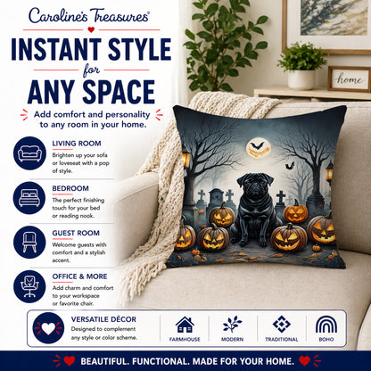 Caroline's Treasures DAC2066PW1414 Black Pug Spooky Halloween Fabric Decorative Pillow Machine Washable, Indoor Outdoor Decorative Pillow for Couch, Bed or Patio, 14Hx14W