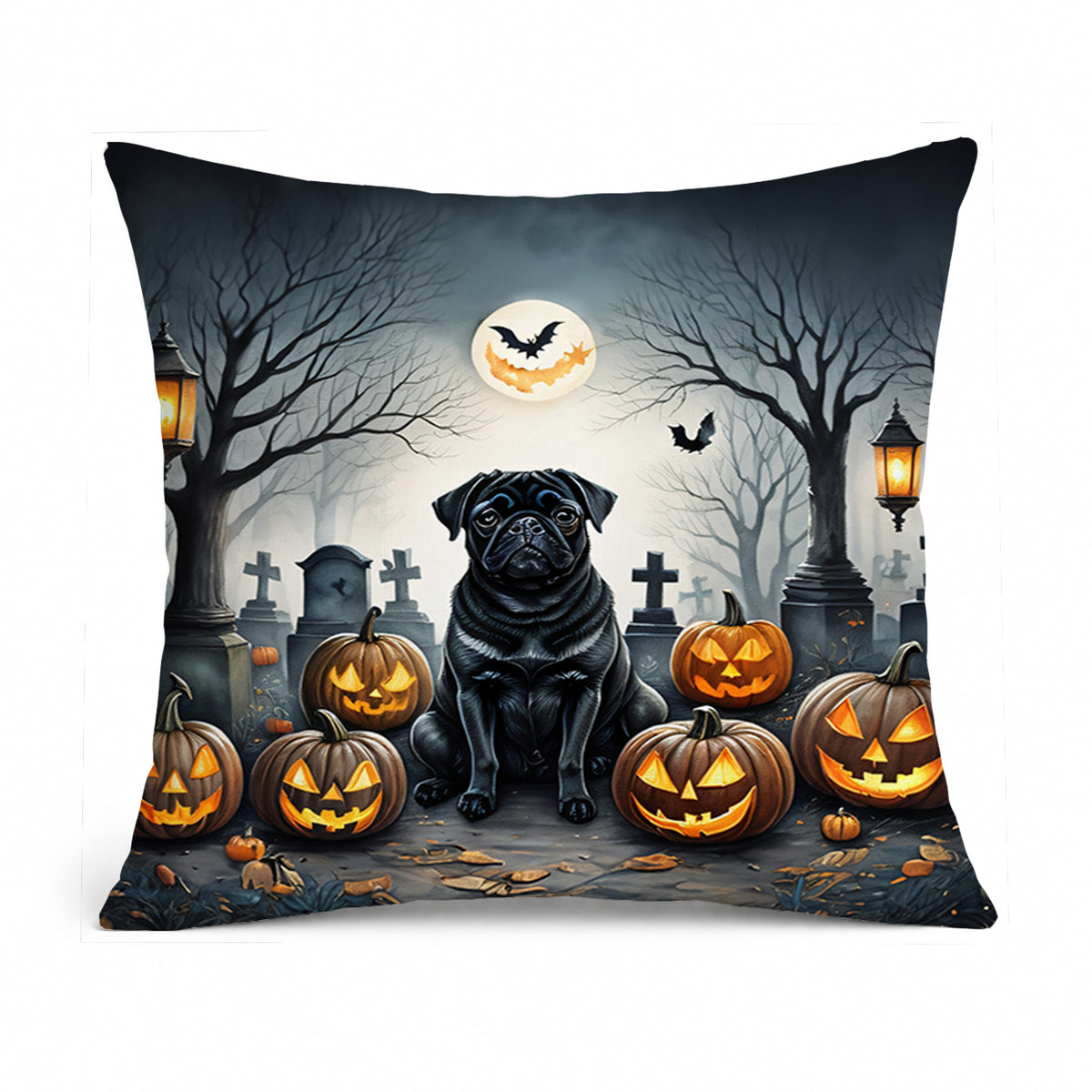 Caroline's Treasures DAC2066PW1818 Black Pug Spooky Halloween Fabric Decorative Pillow Machine Washable, Indoor Outdoor Decorative Pillow for Couch, Bed or Patio, 18Hx18W