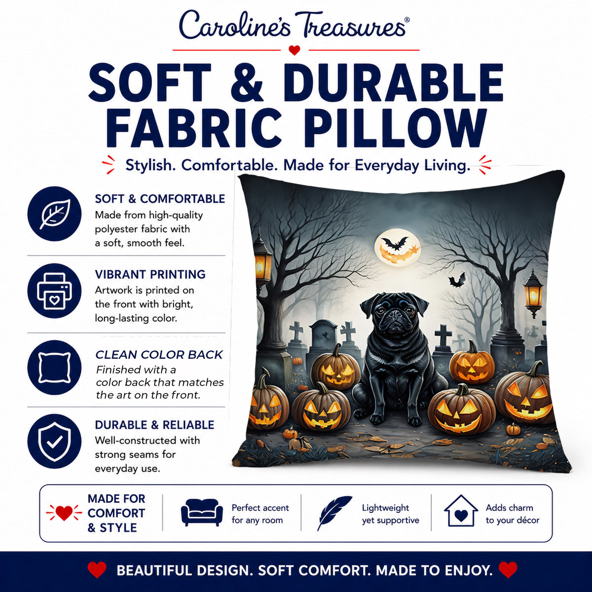 Caroline's Treasures DAC2066PW1818 Black Pug Spooky Halloween Fabric Decorative Pillow Machine Washable, Indoor Outdoor Decorative Pillow for Couch, Bed or Patio, 18Hx18W