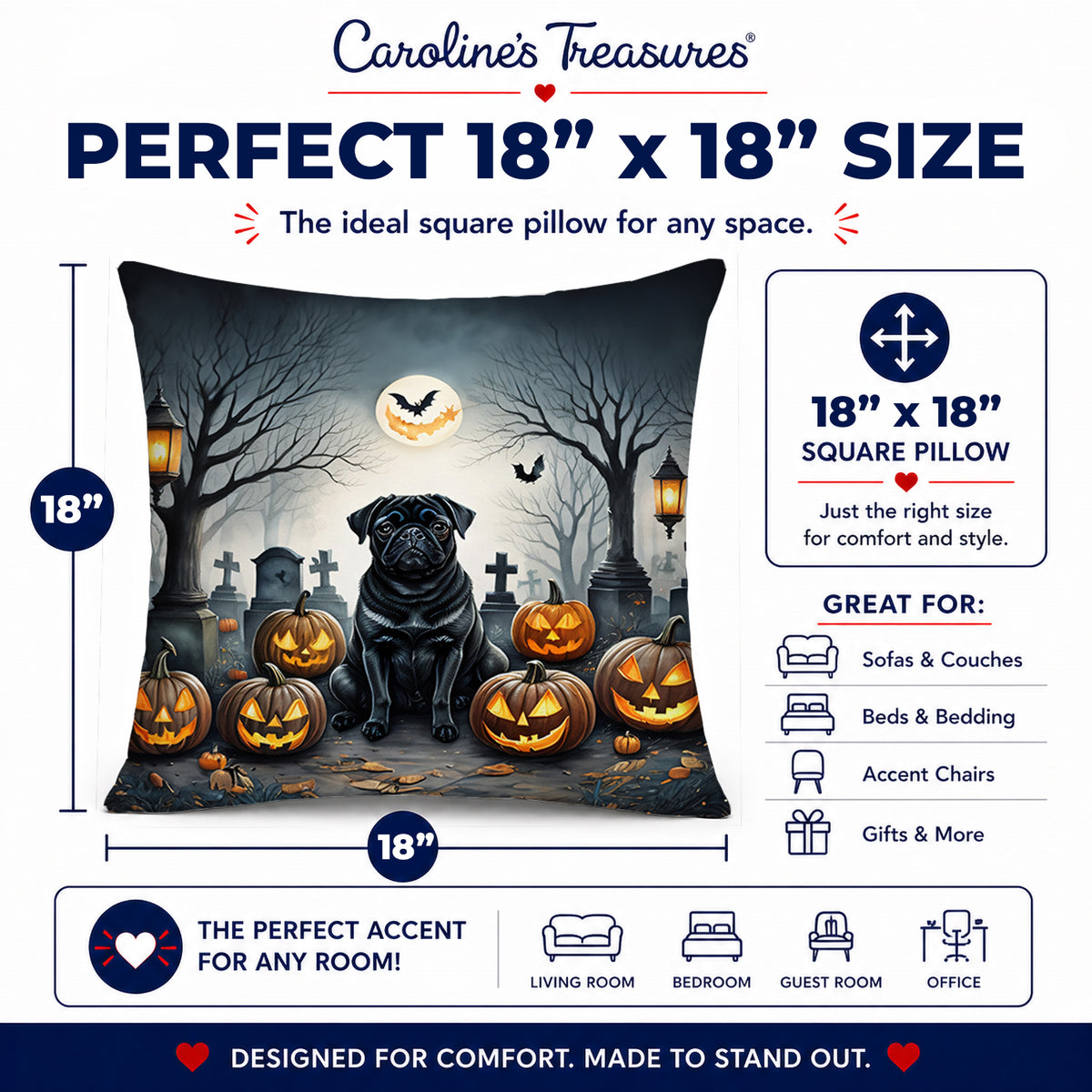 Caroline's Treasures DAC2066PW1818 Black Pug Spooky Halloween Fabric Decorative Pillow Machine Washable, Indoor Outdoor Decorative Pillow for Couch, Bed or Patio, 18Hx18W