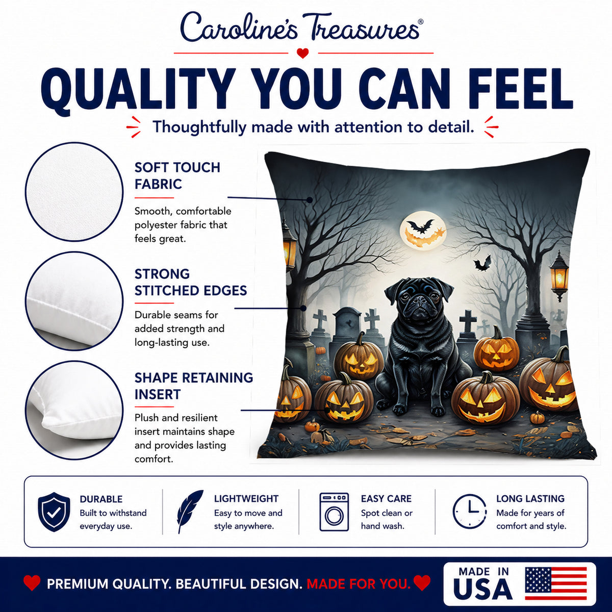 Caroline's Treasures DAC2066PW1818 Black Pug Spooky Halloween Fabric Decorative Pillow Machine Washable, Indoor Outdoor Decorative Pillow for Couch, Bed or Patio, 18Hx18W