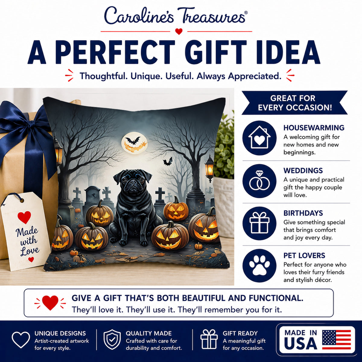 Caroline's Treasures DAC2066PW1818 Black Pug Spooky Halloween Fabric Decorative Pillow Machine Washable, Indoor Outdoor Decorative Pillow for Couch, Bed or Patio, 18Hx18W