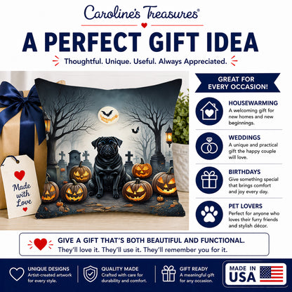 Caroline's Treasures DAC2066PW1818 Black Pug Spooky Halloween Fabric Decorative Pillow Machine Washable, Indoor Outdoor Decorative Pillow for Couch, Bed or Patio, 18Hx18W