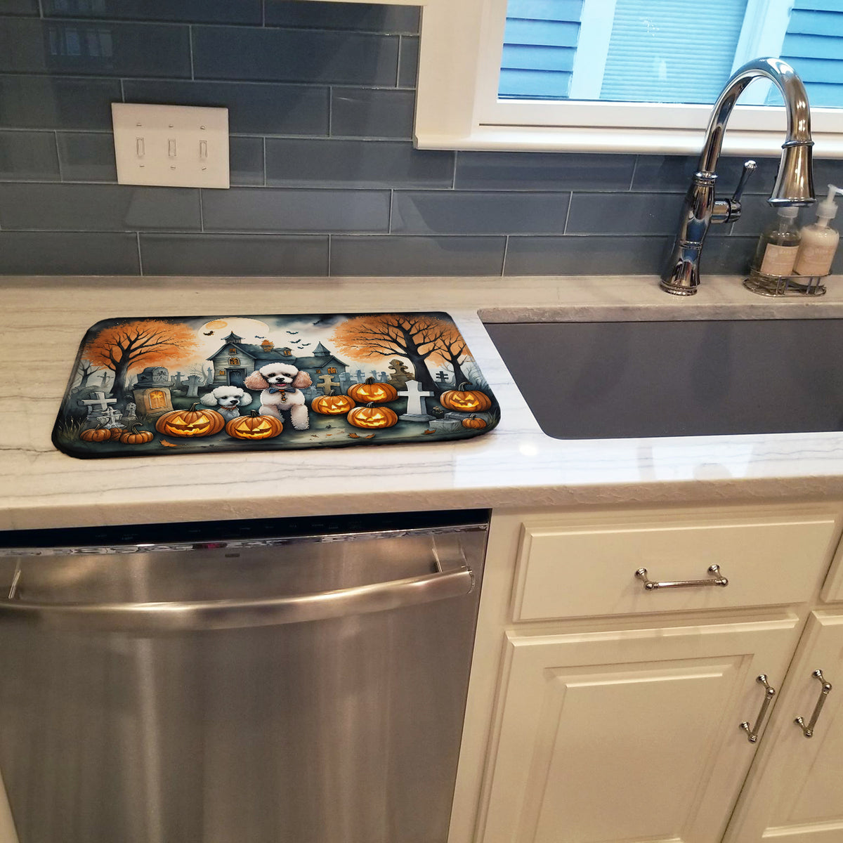 Caroline's Treasures DAC2067DDM Poodle Spooky Halloween Dish Drying Mat Absorbent Dish Drying Mat Pad for Kitchen Counter Dish Drainer Mat for Countertop, 14 x 21, Multicolor
