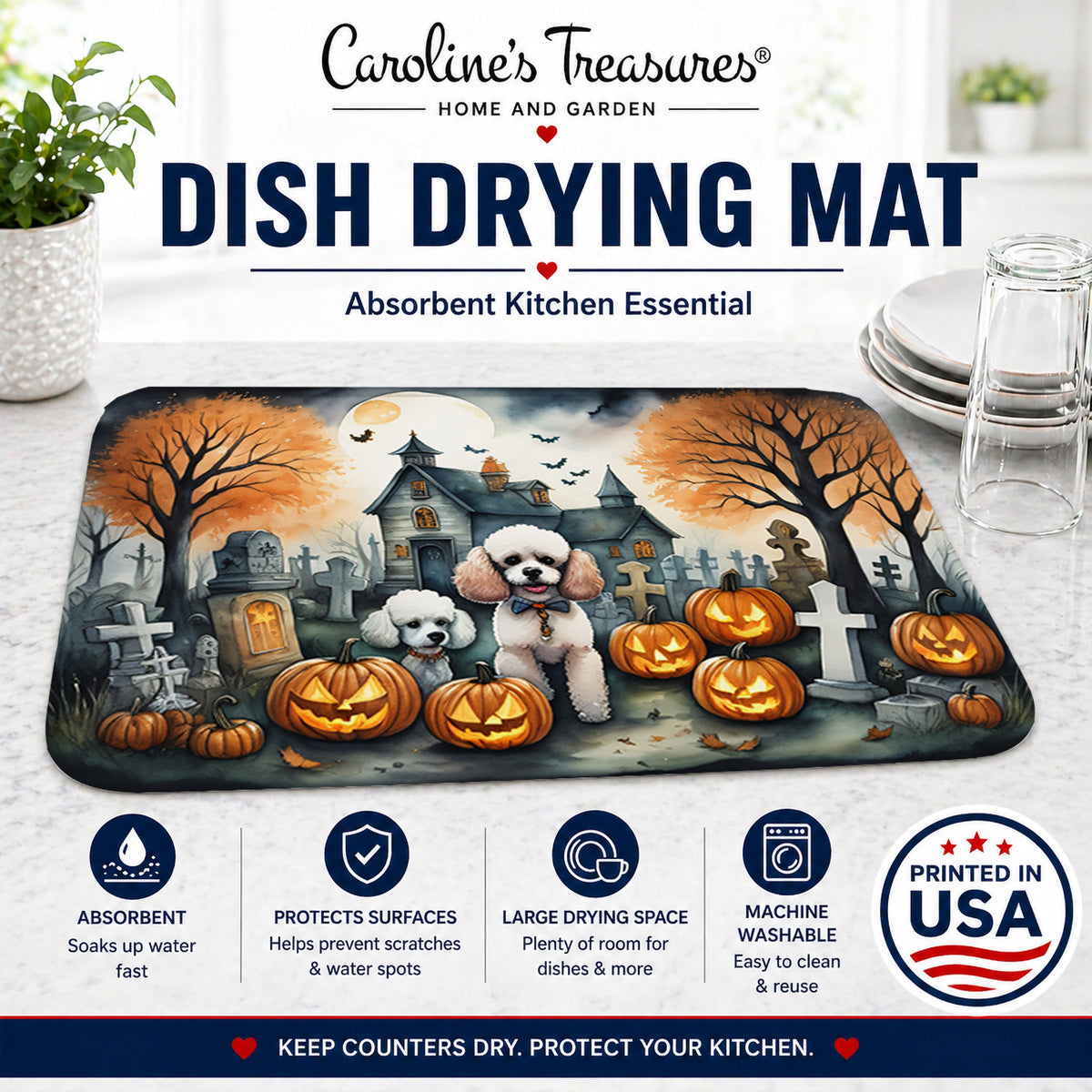 Caroline's Treasures DAC2067DDM Poodle Spooky Halloween Dish Drying Mat Absorbent Dish Drying Mat Pad for Kitchen Counter Dish Drainer Mat for Countertop, 14 x 21, Multicolor