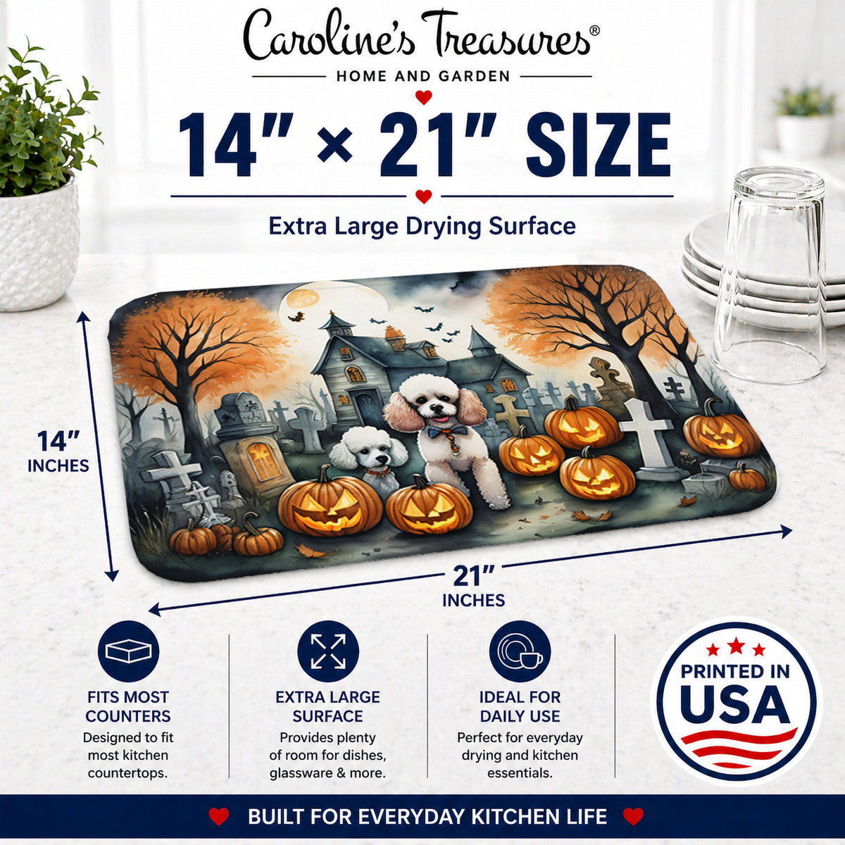 Caroline's Treasures DAC2067DDM Poodle Spooky Halloween Dish Drying Mat Absorbent Dish Drying Mat Pad for Kitchen Counter Dish Drainer Mat for Countertop, 14 x 21, Multicolor