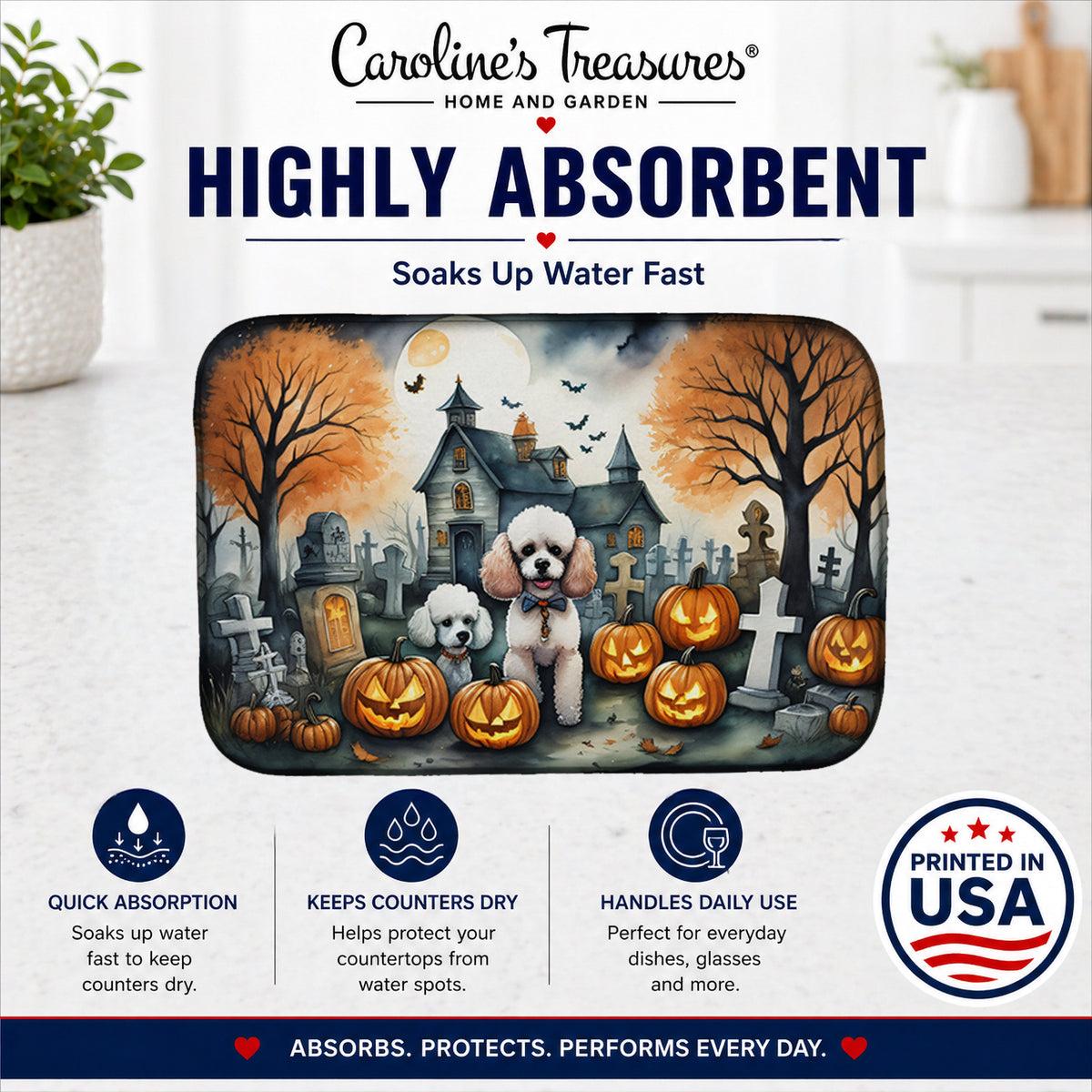 Caroline's Treasures DAC2067DDM Poodle Spooky Halloween Dish Drying Mat Absorbent Dish Drying Mat Pad for Kitchen Counter Dish Drainer Mat for Countertop, 14 x 21, Multicolor