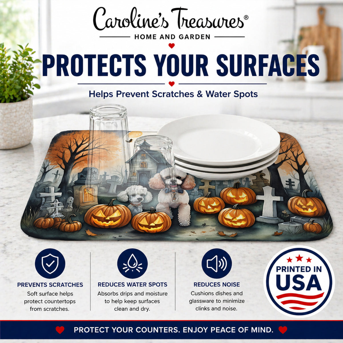 Caroline's Treasures DAC2067DDM Poodle Spooky Halloween Dish Drying Mat Absorbent Dish Drying Mat Pad for Kitchen Counter Dish Drainer Mat for Countertop, 14 x 21, Multicolor