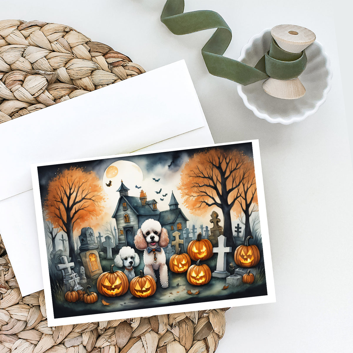 Caroline's Treasures DAC2067GCA7P Poodle Spooky Halloween Greeting Cards and Envelopes Pack of 8 Blank Cards with Envelopes Whimsical A7 Size 5x7 Blank Greeting Cards