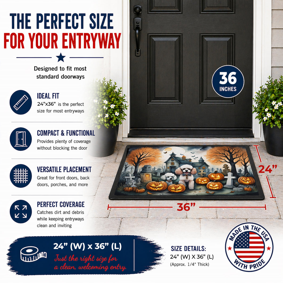 Caroline's Treasures DAC2067JMAT Poodle Spooky Halloween Indoor or Outdoor Mat 24x36 Front Door Mat Indoor Outdoor Rugs for Entryway, Non Slip Washable Low Pile, 24H X 36W