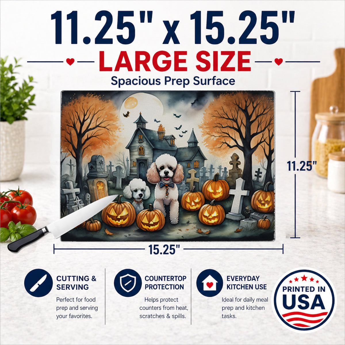 Caroline's Treasures DAC2067LCB Poodle Spooky Halloween Glass Cutting Board Large Decorative Tempered Glass Kitchen Cutting and Serving Board Large Size Chopping Board