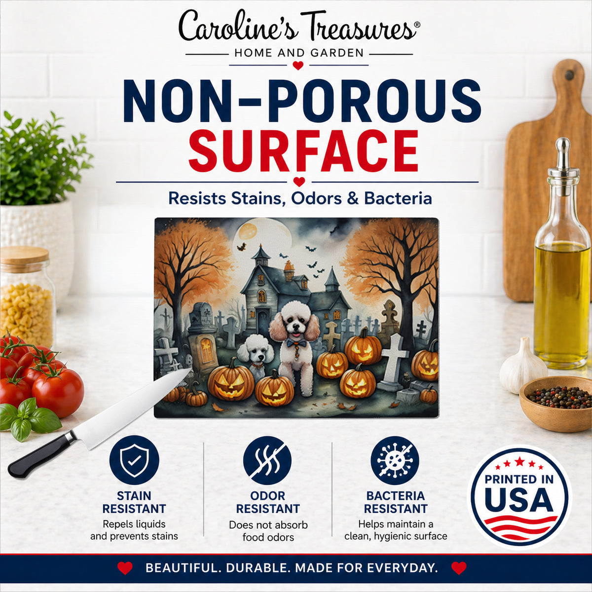 Caroline's Treasures DAC2067LCB Poodle Spooky Halloween Glass Cutting Board Large Decorative Tempered Glass Kitchen Cutting and Serving Board Large Size Chopping Board