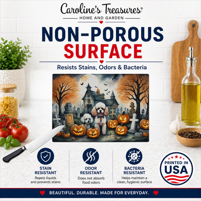 Caroline's Treasures DAC2067LCB Poodle Spooky Halloween Glass Cutting Board Large Decorative Tempered Glass Kitchen Cutting and Serving Board Large Size Chopping Board