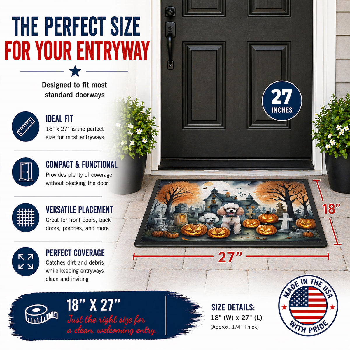 Caroline's Treasures DAC2067MAT Poodle Spooky Halloween Doormat 18x27 Front Door Mat Indoor Outdoor Rugs for Entryway, Non Slip Washable Low Pile, 18H X 27W