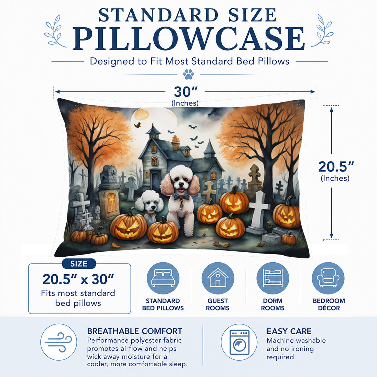 Caroline's Treasures DAC2067PILLOWCASE Poodle Spooky Halloween Fabric Standard Pillowcase Lightweight Super Soft Easy Care Decorative Artwork Pillowcase, Standard