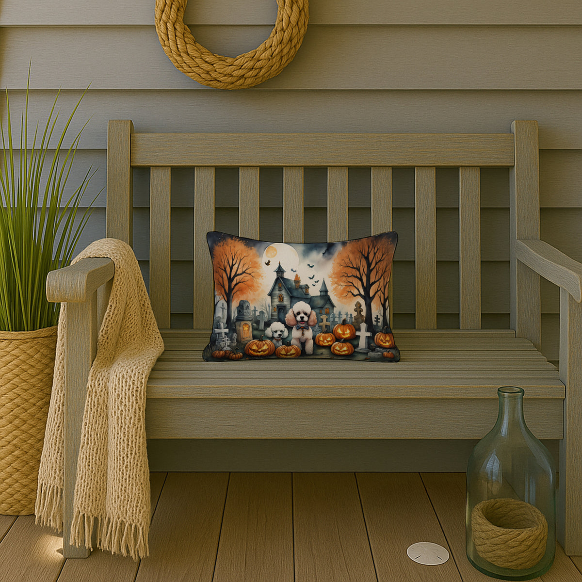 Caroline's Treasures DAC2067PW1216 Poodle Spooky Halloween Fabric Decorative Pillow Machine Washable, Indoor Outdoor Decorative Pillow for Couch, Bed or Patio, 12HX16W
