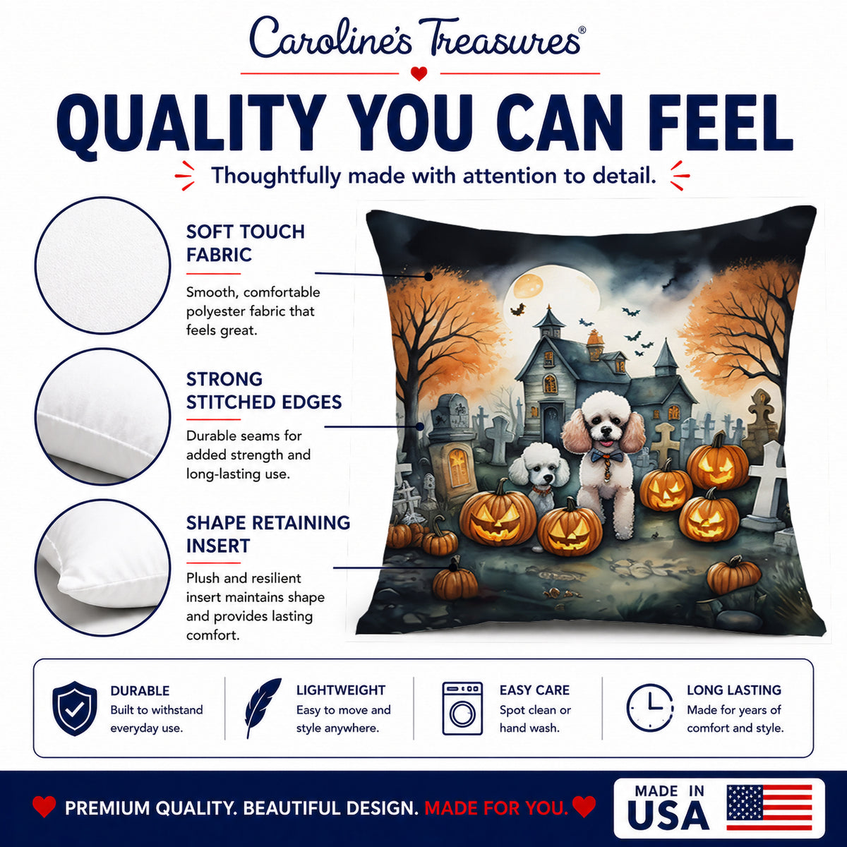 Caroline's Treasures DAC2067PW1414 Poodle Spooky Halloween Fabric Decorative Pillow Machine Washable, Indoor Outdoor Decorative Pillow for Couch, Bed or Patio, 14Hx14W