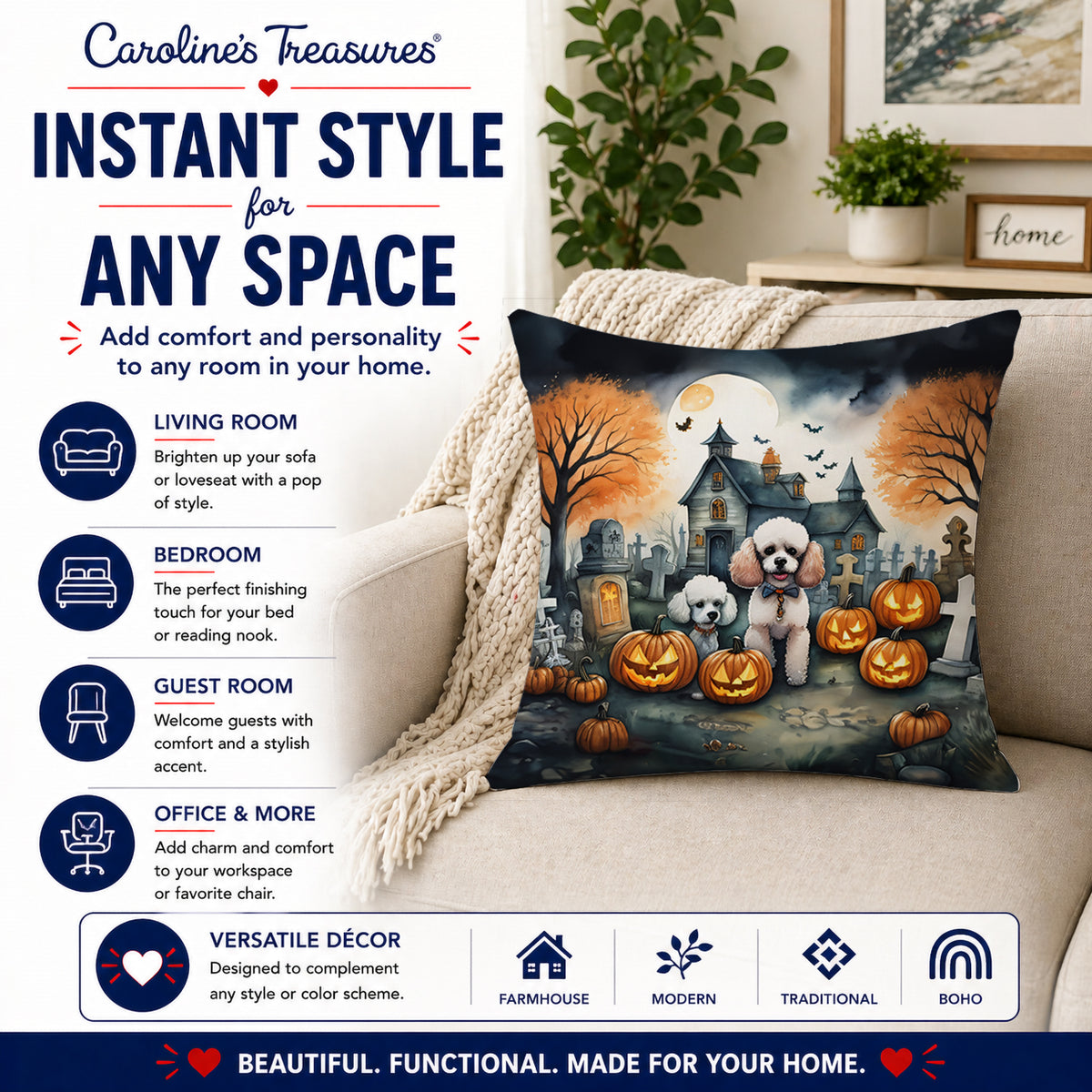 Caroline's Treasures DAC2067PW1414 Poodle Spooky Halloween Fabric Decorative Pillow Machine Washable, Indoor Outdoor Decorative Pillow for Couch, Bed or Patio, 14Hx14W