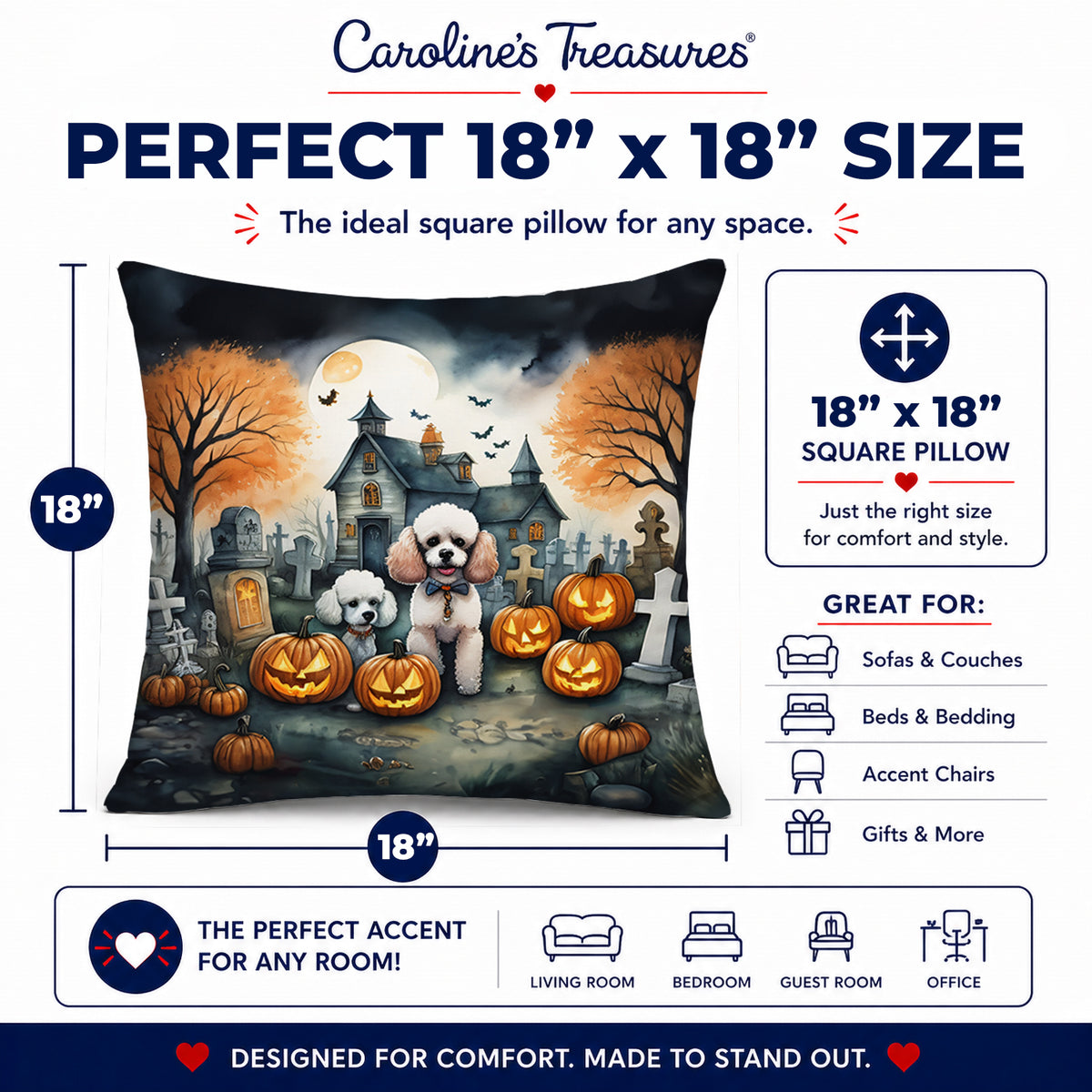 Caroline's Treasures DAC2067PW1818 Poodle Spooky Halloween Fabric Decorative Pillow Machine Washable, Indoor Outdoor Decorative Pillow for Couch, Bed or Patio, 18Hx18W