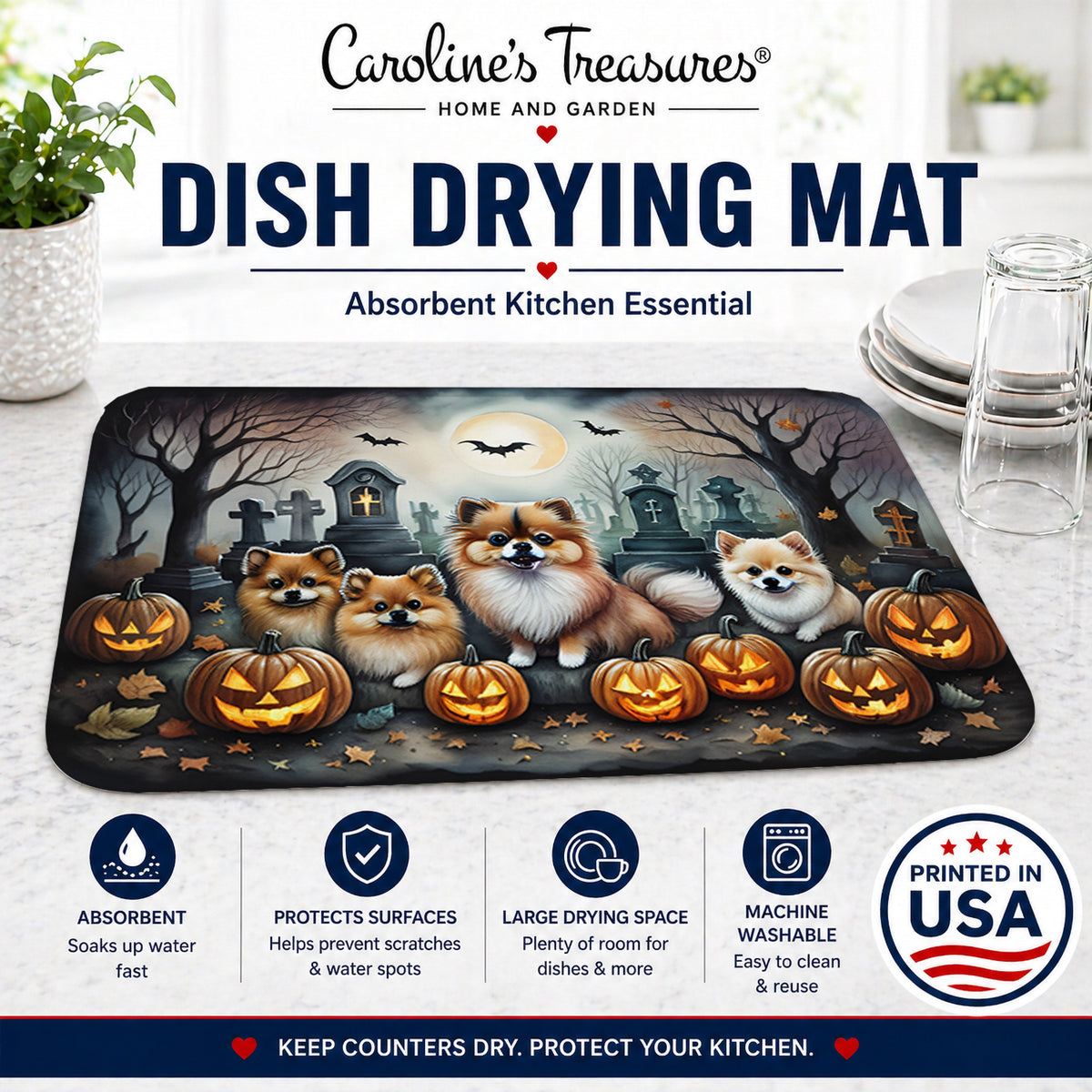 Caroline's Treasures DAC2068DDM Pomeranian Spooky Halloween Dish Drying Mat Absorbent Dish Drying Mat Pad for Kitchen Counter Dish Drainer Mat for Countertop, 14 x 21, Multicolor