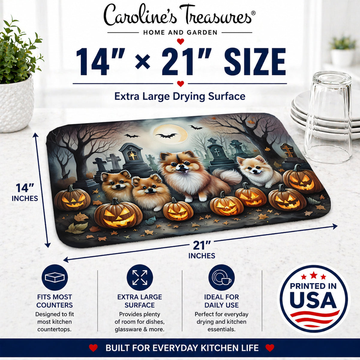 Caroline's Treasures DAC2068DDM Pomeranian Spooky Halloween Dish Drying Mat Absorbent Dish Drying Mat Pad for Kitchen Counter Dish Drainer Mat for Countertop, 14 x 21, Multicolor