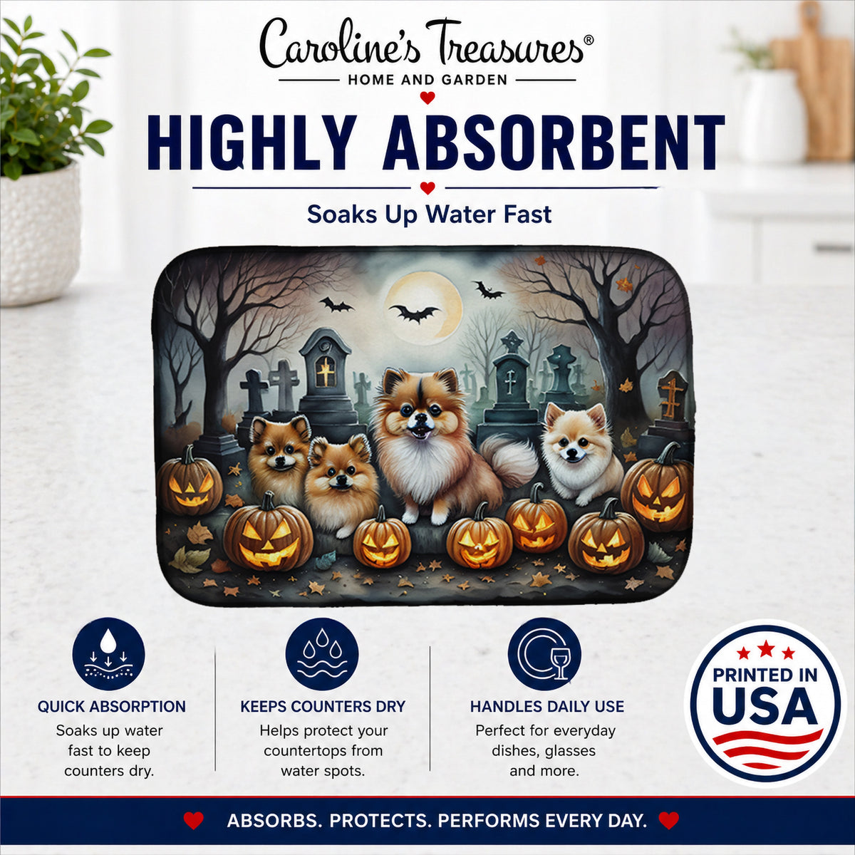 Caroline's Treasures DAC2068DDM Pomeranian Spooky Halloween Dish Drying Mat Absorbent Dish Drying Mat Pad for Kitchen Counter Dish Drainer Mat for Countertop, 14 x 21, Multicolor